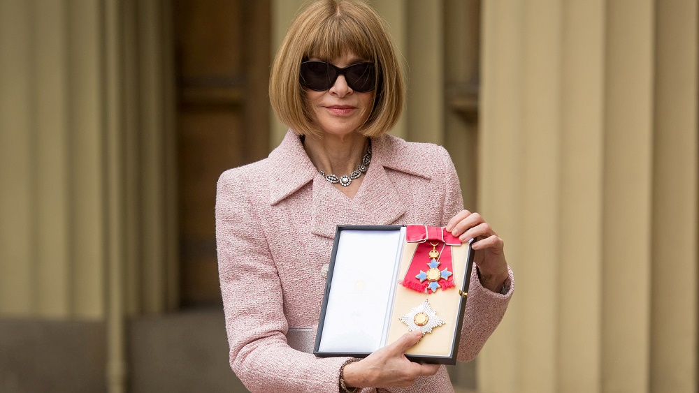 Anna Wintour, Editor-in-Chief of American Vogue and Artistic Director Dame poses after receiving her Dame Commander from Britain’s Queen Elizabeth at an Investiture ceremony at Buckingham Palace, London