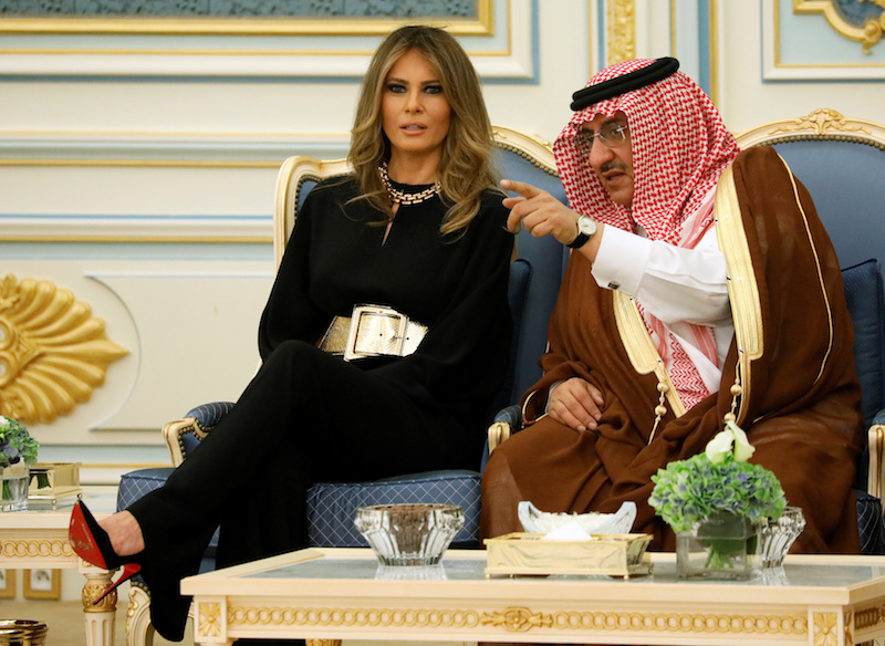 Melania Trump speaks with Saudi Arabia's Crown Prince Muhammad bin Nayef during an arrival ceremony for U.S. President Trump at the Royal Court in Riyadh