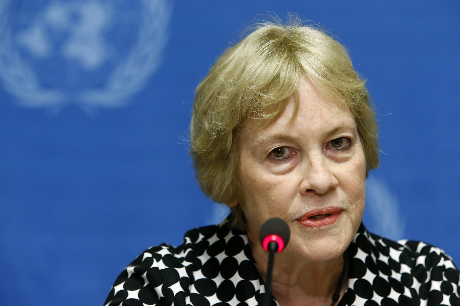 Karen Koning AbuZayd, a member of Independent International Commission of Inquiry on the Syrian Arab Republic, attends a news conference at the United Nations headquarters in Geneva