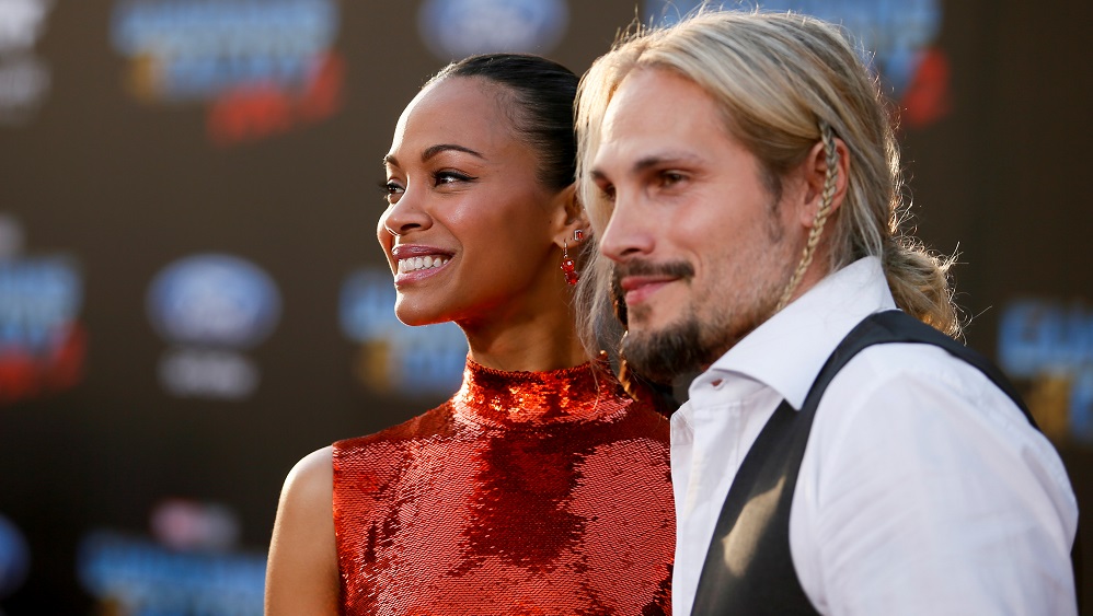 Actor Zoe Saldana and husband artist Marco Perego pose at the world premiere of Marvel Studios’ “Guardians of the Galaxy Vol. 2.” in Hollywood
