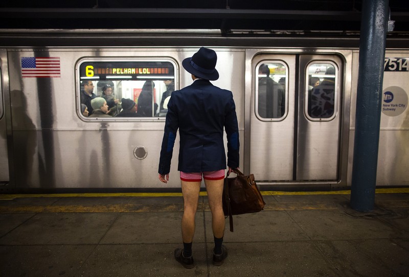 A man takes part in the annual No Pants Subway Ride in New York