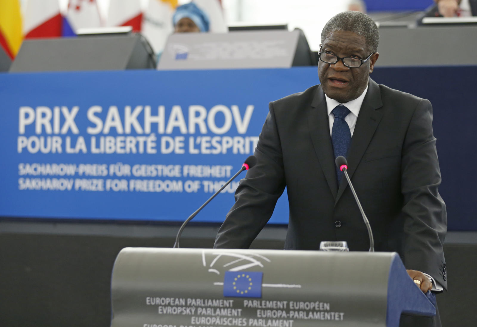 Congolese gynaecologist Mukwege delivers a speech during an award ceremony to receive his 2014 Sakharov Prize at the European Parliament in Strasbourg