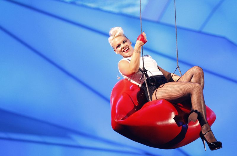 Singer Pink is suspended in the air as she performs during the 2012 MTV Video Music Awards in Los Angeles