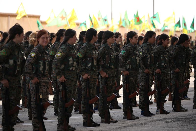 Syrian Democratic Forces female fighters hold their weapons during a graduation ceremony in the city of Hasaka