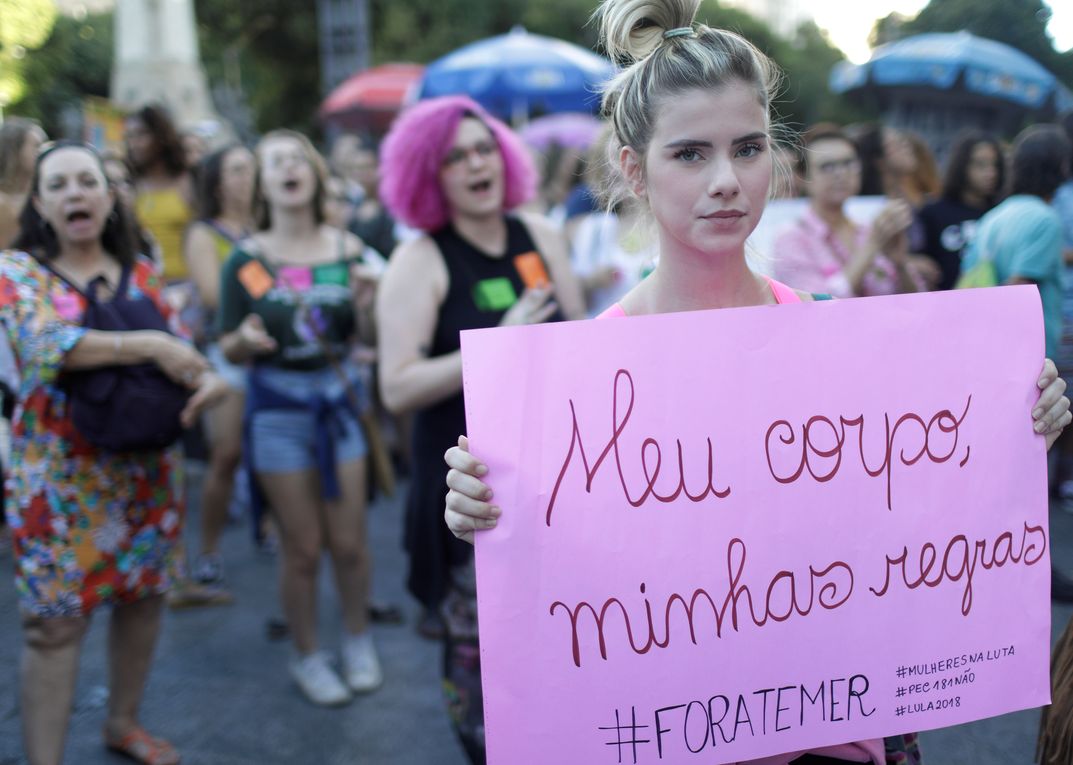 Protesters demonstrate against Brazil’s congressional move to criminalize all cases of abortion, including cases of rape and where the mother’s life is in danger, in Rio de Janeiro