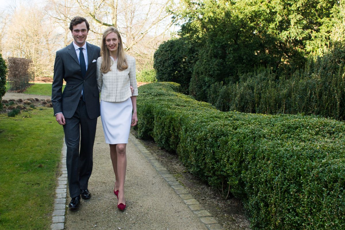 Belgian Prince Amedeo and his fiancee Elisabetta Rosboch von Wolkenstein pose for a photograph during an engagement ceremony in Brussels
