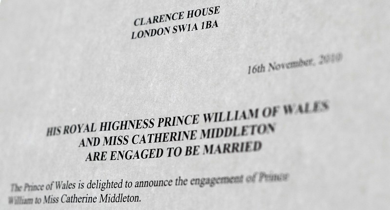 A printed copy of the emailed notice by Britain’s Royal Family announcing the official engagement of Prince William and Catherine Middleton is seen in London