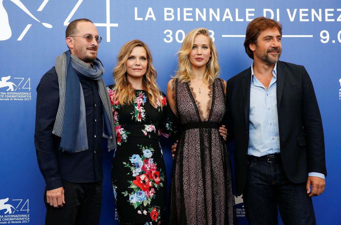 Director Darren Aronofsky poses with actors Javier Bardem, Jennifer Lawrence and Michelle Pfeiffer during a photocall for the movie “Mother!”  at the 74th Venice Film Festival in Venice