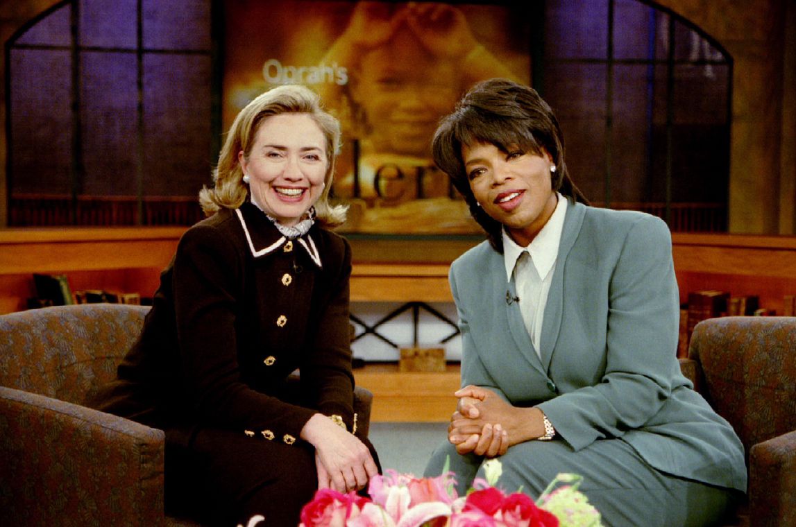 First Lady Hillary Rodham Clinton (L) appears with Oprah Winfrey (R) during a taping of Winfrey’s sh..