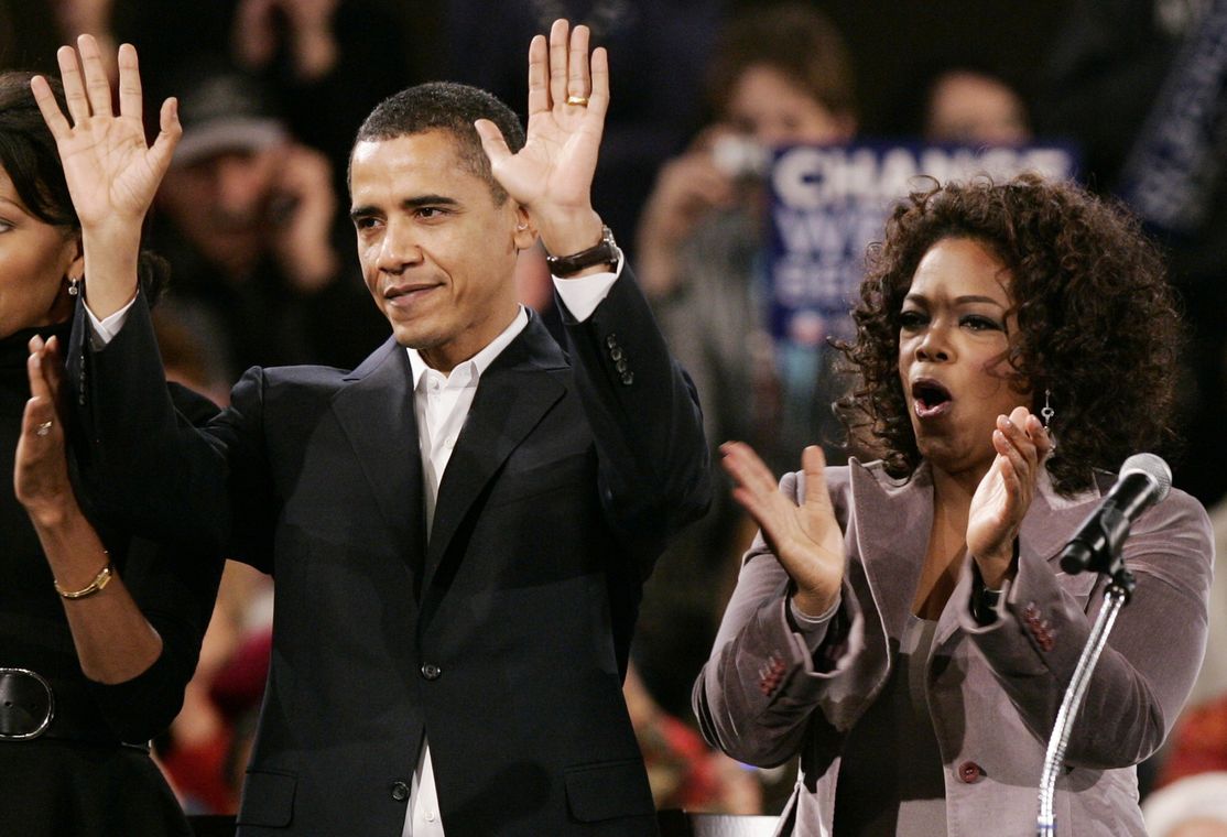 U.S. Democratic presidential candidate Obama is joined by talk show host Oprah Winfrey at a rally in Des Moines