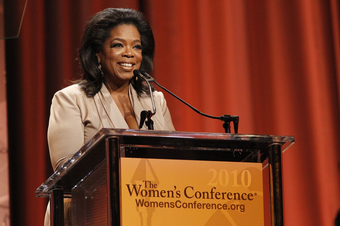 Oprah Winfrey speaks after accepting the Minerva award at “The Women’s Conference 2010” in Long Beach