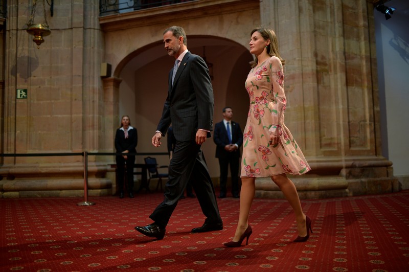 Spain’s King Felipe and Queen Letizia arrive to a medal giving ceremony ahead of the 2017 Princess of Asturias awards ceremony in Oviedo