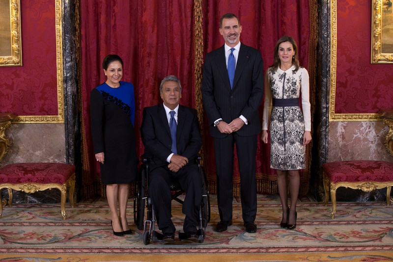Spain’s King Felipe, his wife Queen Letizia, Ecuador’s President Lenin Moreno and his wife Rocio Gonzalez, pose for the media before a lunch at the Royal Palace in Madrid