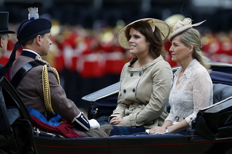 Britain’s Prince Edward, Princess Eugenie and Sophie Countess of Wessex arrives for the annual Trooping the Colour ceremony at Horse Guards Parade in central London