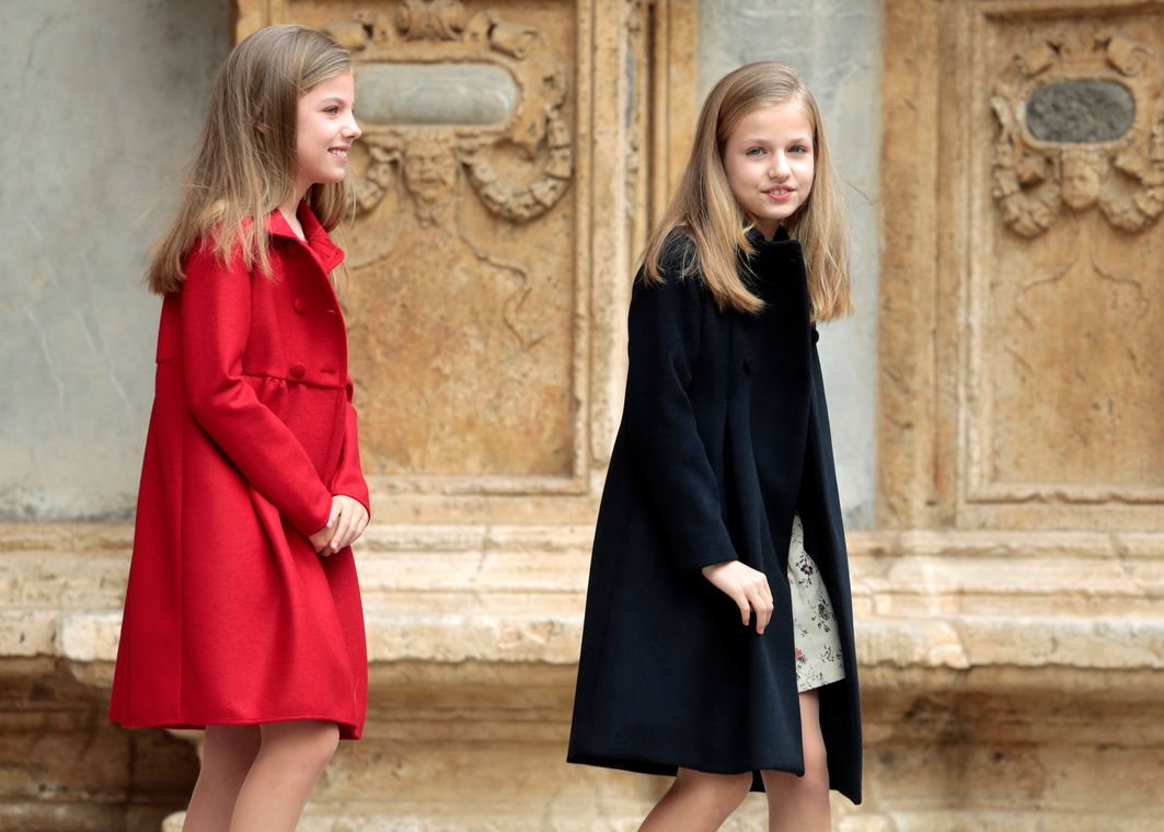 Spain’s Princess Sofia and Princess Leonor leave after attending an Easter mass at the cathedral in Palma de Mallorca, on the Spanish Balearic island of Mallorca