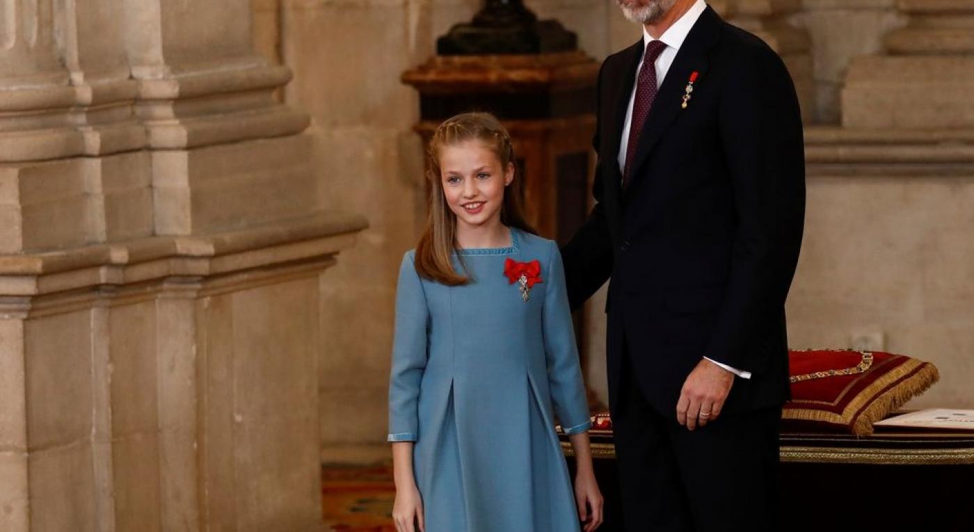 Spain’s King Felipe smiles after presenting his daughter Princess Leonor with the insignia of the “Toison de Oro” (Order of the Golden Fleece) during a ceremony at the Royal Palace in Madrid