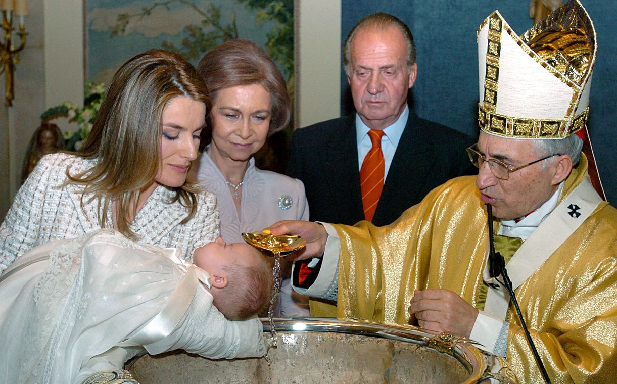 Spanish Princess Letizia holds her daughter Leonor who is christened by Madrid’s Cardinal Antonio Ro..
