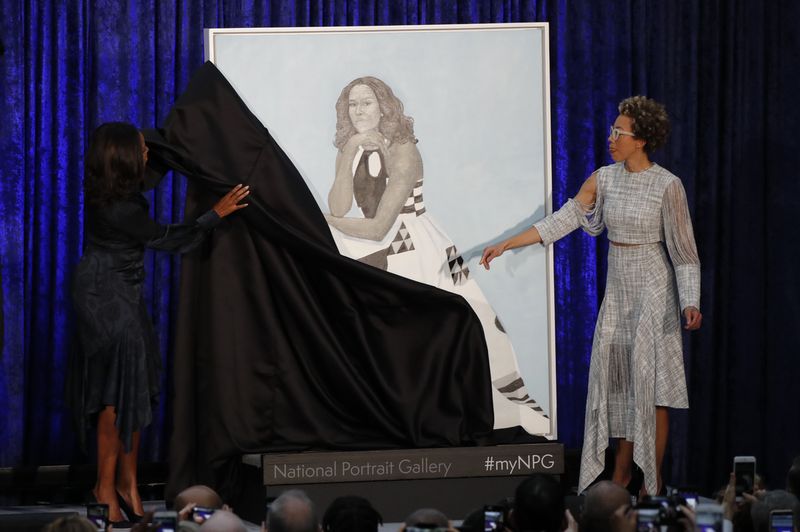 Artist Sherald and former first lady Michelle Obama participate in unveiling of Mrs. Obama’s portrait at the Smithsonians National Portrait Gallery in Washington