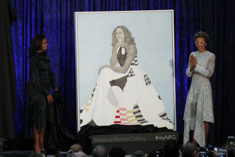 Artist Sherald and former first lady Michelle Obama participate in unveiling of portrait at the Smithsonians National Portrait Gallery in Washington
