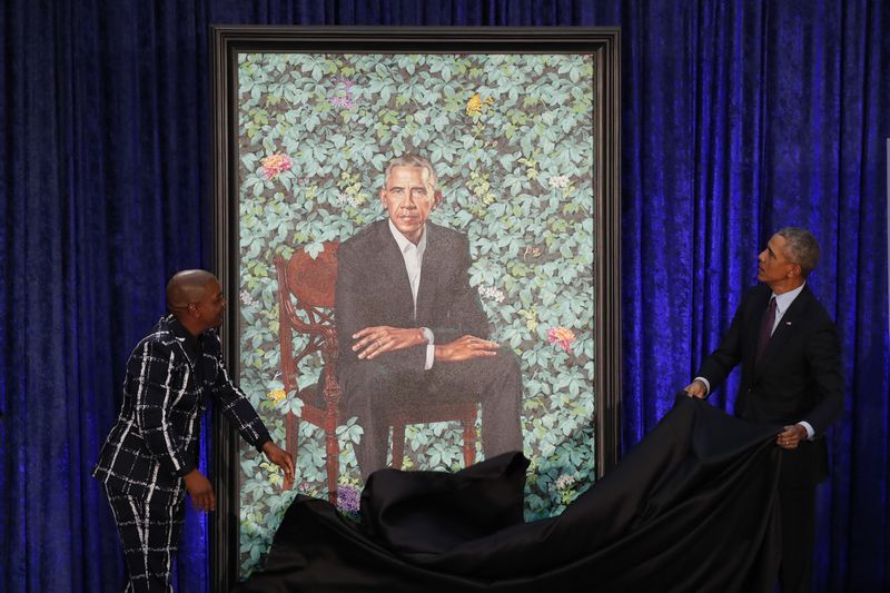 Artist Wiley and former U.S. President Obama participate in unveiling of Obama’s portrait at the Smithsonians National Portrait Gallery in Washington