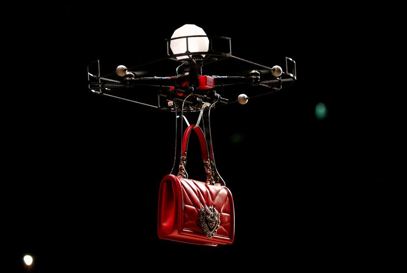 A drone carries a bag, the creation from the Dolce & Gabbana Autumn/Winter 2018 women’s collection during Milan Fashion Week in Milan