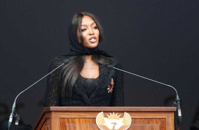 Model Naomi Campbell speaks at the funeral of Winnie Madikizela-Mandela in Orlando stadium in Soweto