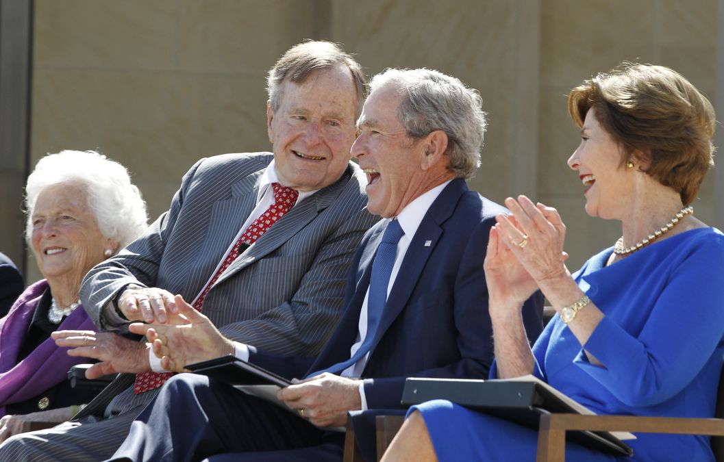 The Bush family share a laugh during the dedication ceremony for the George W. Bush Presidential Center in Dallas