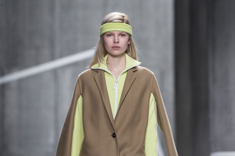 Model presents a creation at the Lacoste Fall/Winter 2015 collection during New York Fashion Week