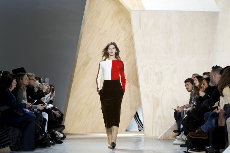 A model presents a creation from the Lacoste Fall/Winter 2016 collection at New York Fashion Week.