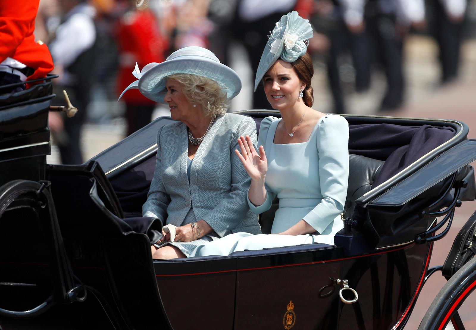 Britain’s Camilla, Duchess of Cornwall, and Catherine, Duchess of Cambridge, take part in the Trooping the Colour parade in central London