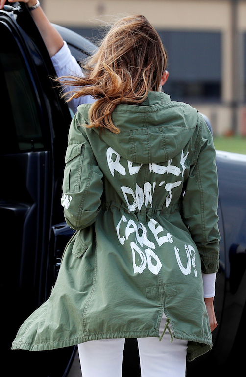 First lady Melania Trump arrives back in Washington from Texas wearing “I Don’t Care. Do U?” Jacket at Joint Base Andrews, Maryland