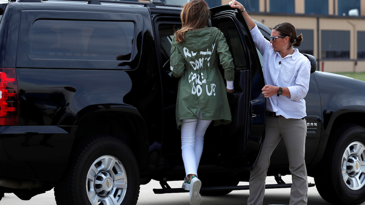 First lady Melania Trump arrives back in Washington from Texas wearing “I Don’t Care. Do U?” Jacket at Joint Base Andrews, Maryland
