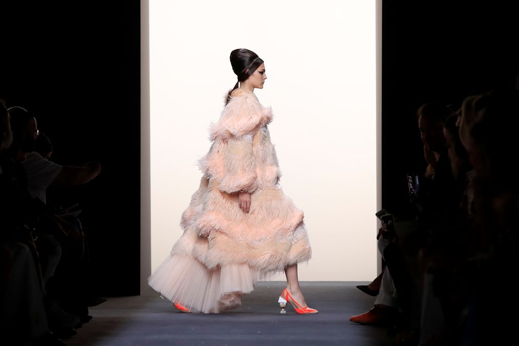 A model presents a creation by designers Karl Lagerfeld and Silvia Venturini as part of their Haute Couture Fall/Winter 2018/2019 collection show for fashion house Fendi in Paris