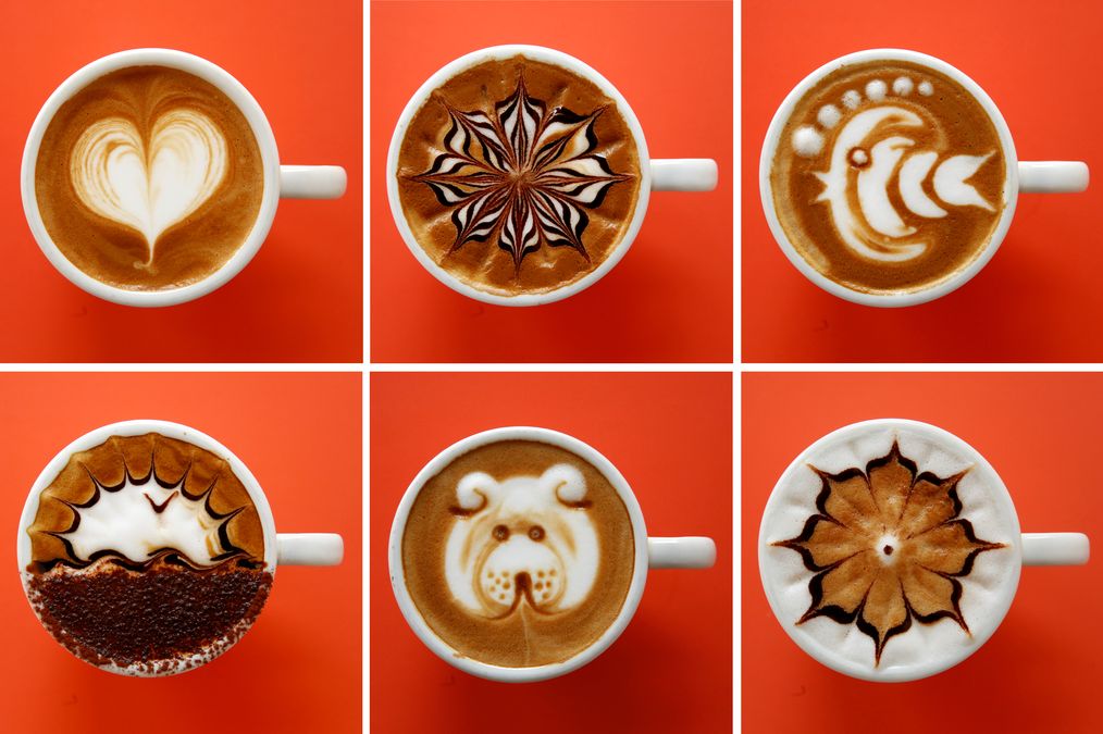A combo picture shows artistic cappuccinos, realized by a teacher of the Mixology Academy Bartendering School during a lesson, in Rome
