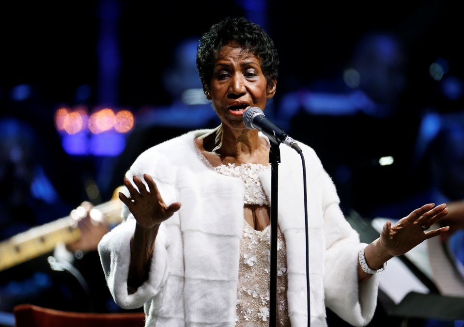 Aretha Franklin performs during the commemoration of the Elton John AIDS Foundation 25th year fall gala at the Cathedral of St. John the Divine in New York City
