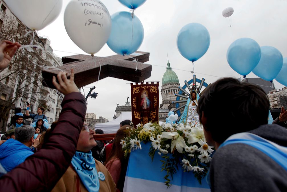 Anti-abortion-rights activists gather as lawmakers are expected to vote on a bill legalizing abortion, in Buenos Aires