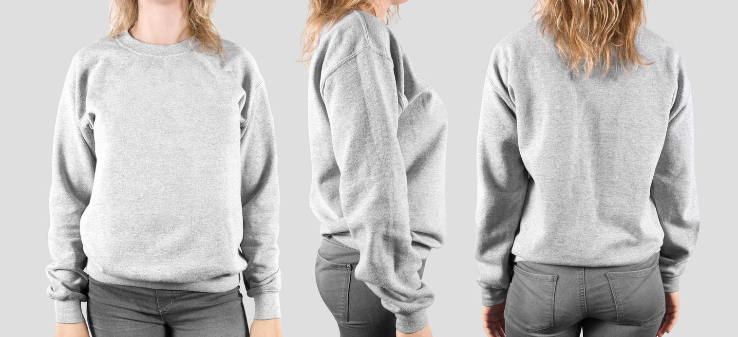 Blank sweatshirt mock up, front, back and profile, isolated.