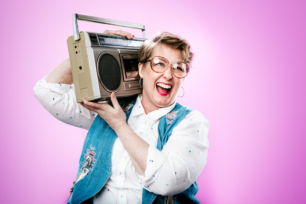 Nineties Styled Woman Portrait With Boombox Stereo