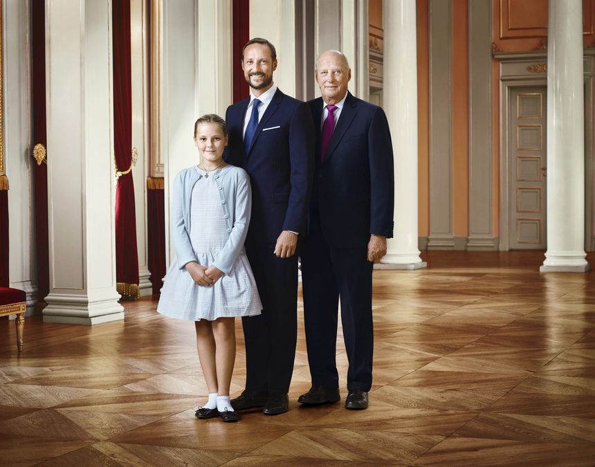 Princess Ingrid Alexandra, Crown Prince Haakon and King Harald are seen in an official portrait to mark the 25th anniversary of King Harald’s accession, in Oslo, Norway
