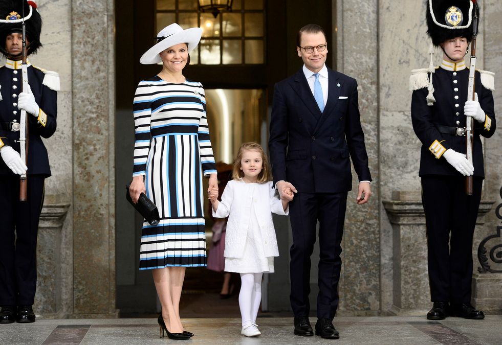 Swedish Crown Princess Victoria, Princess Estelle and Prince Daniel arrive for the Te Deum thanksgiving service in the Royal Chapel during King Carl XVI Gustaf of Sweden’s 70th birthday celebrations in Stockholm