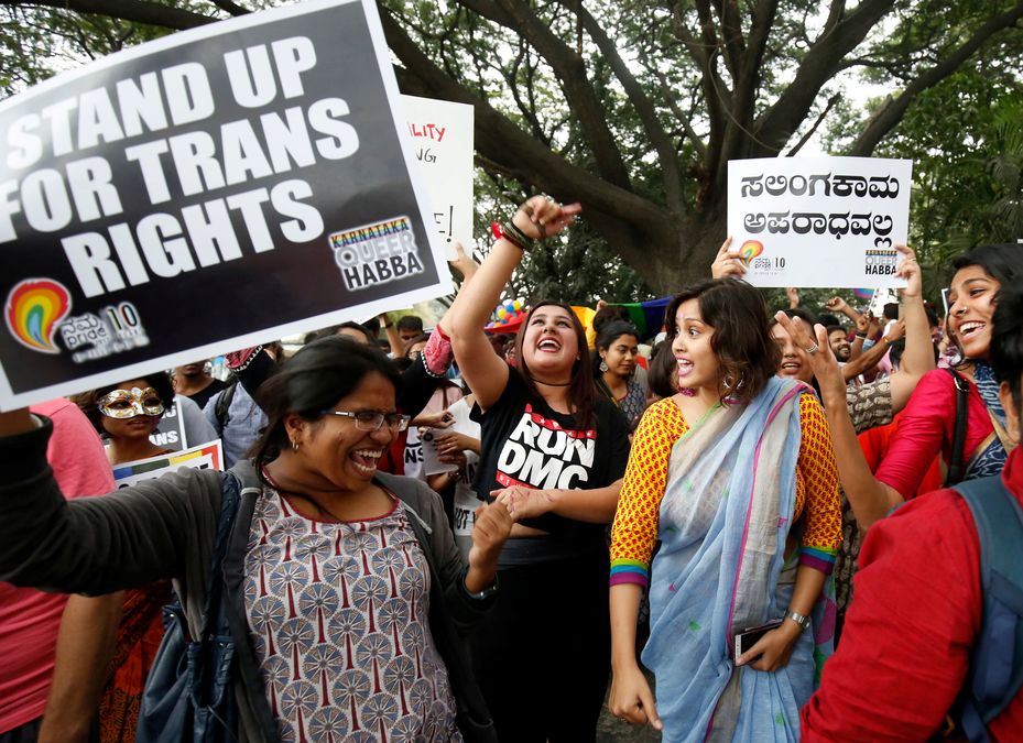 People sing and dance as they take part in the 10th Namma Pride March, an event promoting gay, lesbian, bisexual, transgender rights, in Bengaluru