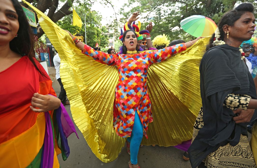 Participants dance during a gay pride parade promoting lesbian, gay, bisexual and transgender rights, in Chennai