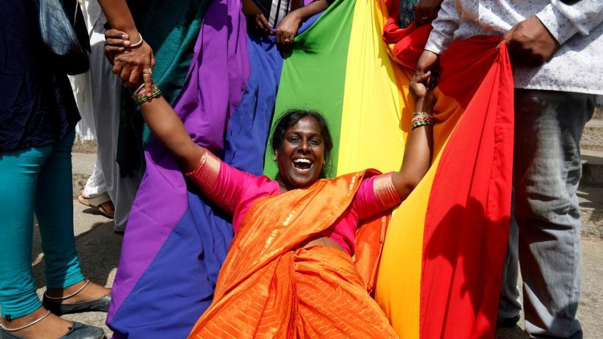 An activist of lesbian, gay, bisexual and transgender (LGBT) community celebrates after the Supreme Court’s verdict of decriminalizing gay sex and revocation of the Section 377 law, in Bengaluru