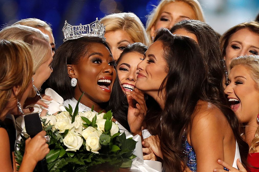 Miss New York Nia Imani Franklin reacts after she won Miss America on stage in Atlantic City