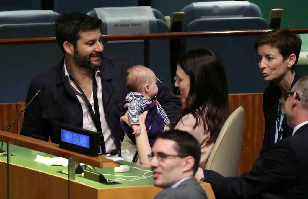 New Zealand Prime Minister Jacinda Ardern holds her baby before speaking at the Nelson Mandela Peace Summit during the 73rd United Nations General Assembly in New York