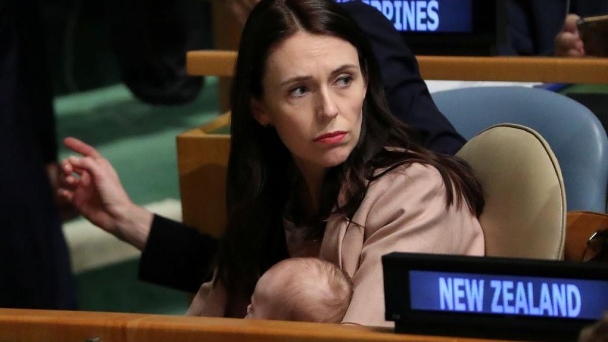 New Zealand Prime Minister Jacinda Ardern holds her baby Neve in General Assembly Hall at the Nelson Mandela Peace Summit during the 73rd United Nations General Assembly in New York