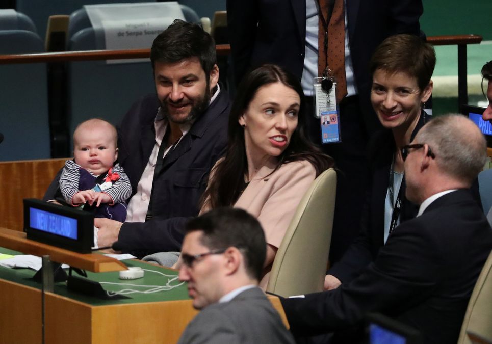 New Zealand Prime Minister Jacinda Ardern sits with her baby Neve before speaking at the Nelson Mandela Peace Summit during the 73rd United Nations General Assembly in New York