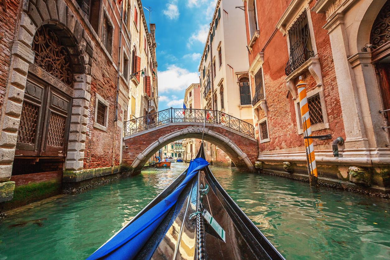 View from gondola during the ride through the canals, Venice