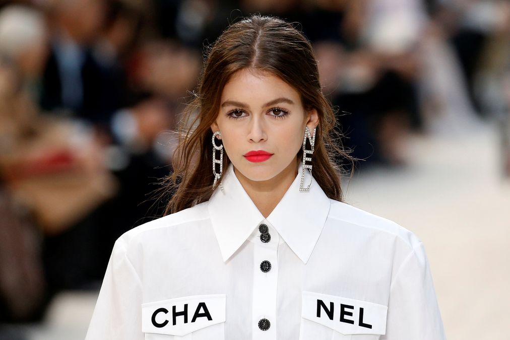 Model Kaia Gerber presents a creation by German designer Karl Lagerfeld as part of his Spring/Summer 2019 women’s ready-to-wear collection show for fashion house Chanel during Paris Fashion Week