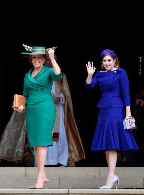 Sarah Ferguson, Duchess of York, and Princess Beatrice of York arrive for the royal wedding of Princess Eugenie and Jack Brooksbank at St George’s Chapel in Windsor Castle